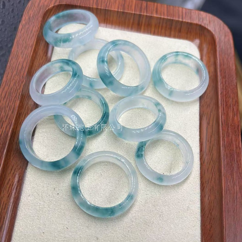 翡翠飘花戒指冰种玉石蓝花戒指  diy玉石饰品 指环石英岩飘花跑环