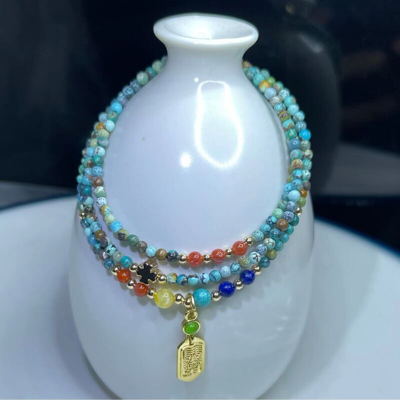 Natural turquoise lapis lazuli south red beeswax three rings bracelet 070917