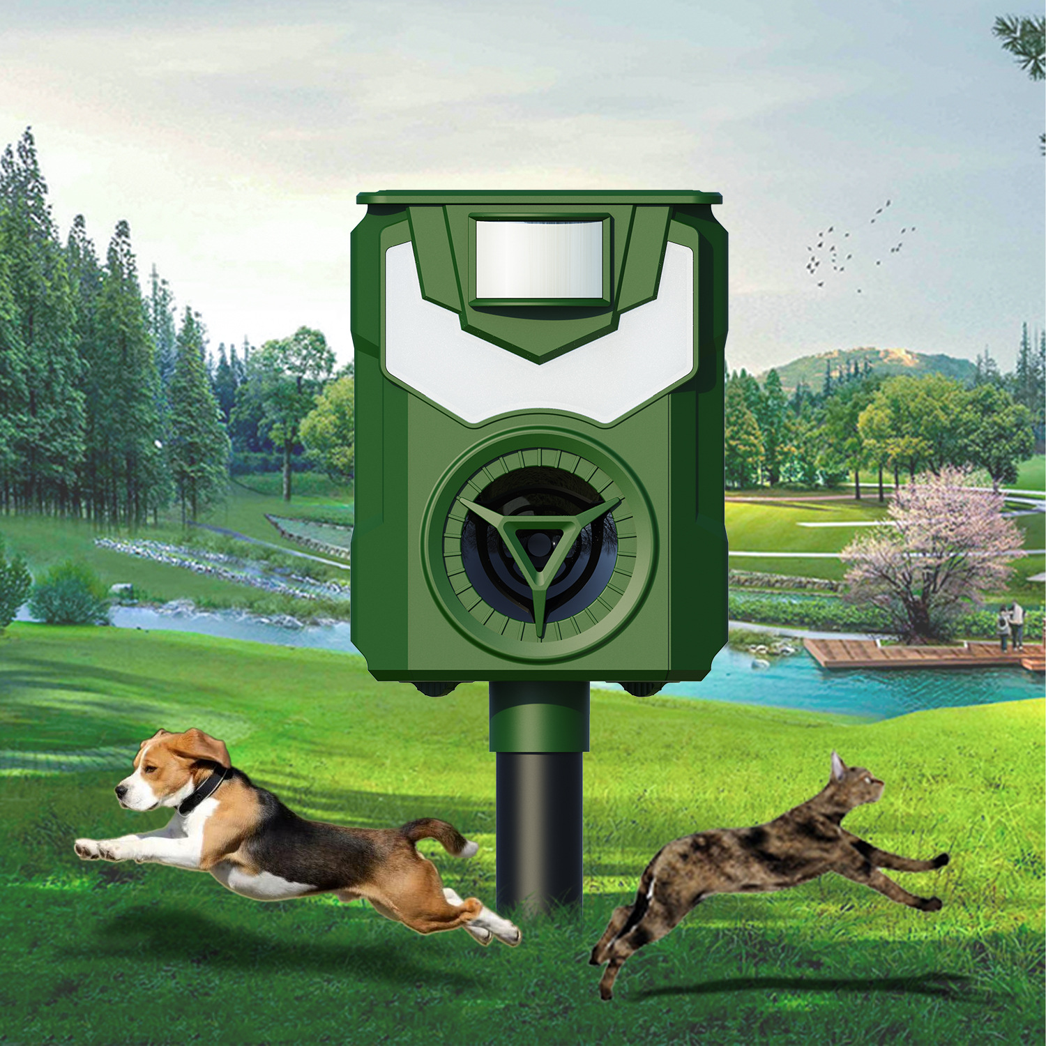 En stock repelente de aves solar ajustable repelente ultrasónico animal lámpara de la llama de inducción automática perro repelente