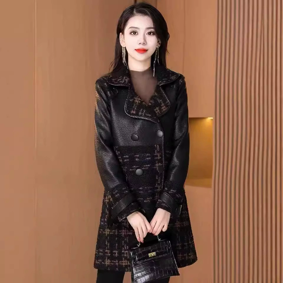 Двусторонняя кожаная куртка Haining для женщин, средней длины, новинка 2024 года в корейском стиле, ретро, модная, стильная, утепленная для осени и зимы.