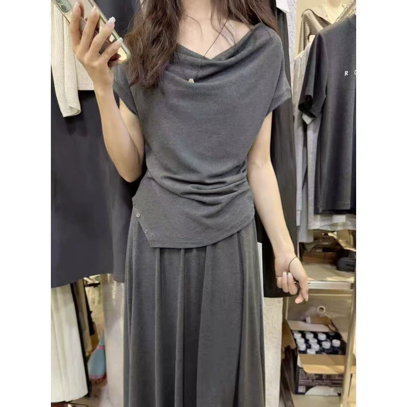 Летний костюм 2025 года: модная рубашка с коротким рукавом, нестандартного кроя, премиум-класса, однотонная, приталенная + юбка с эластичной талией