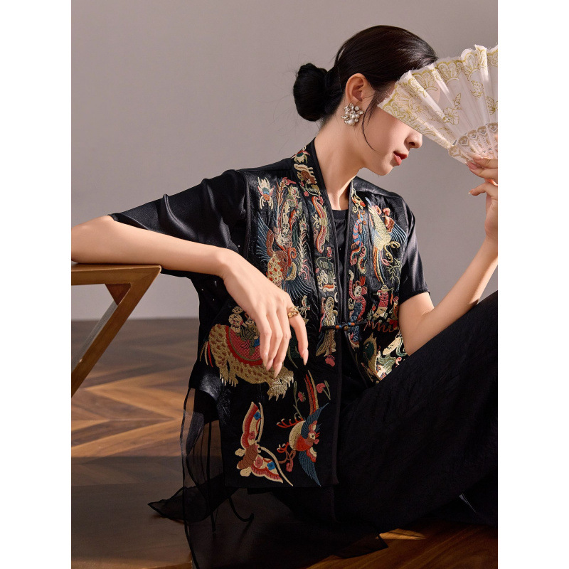 New Chinese Style High-End Mulberry Silk Heavy Embroidery Splicing Mesh Buckle Vest Outer Wear for Women Summer