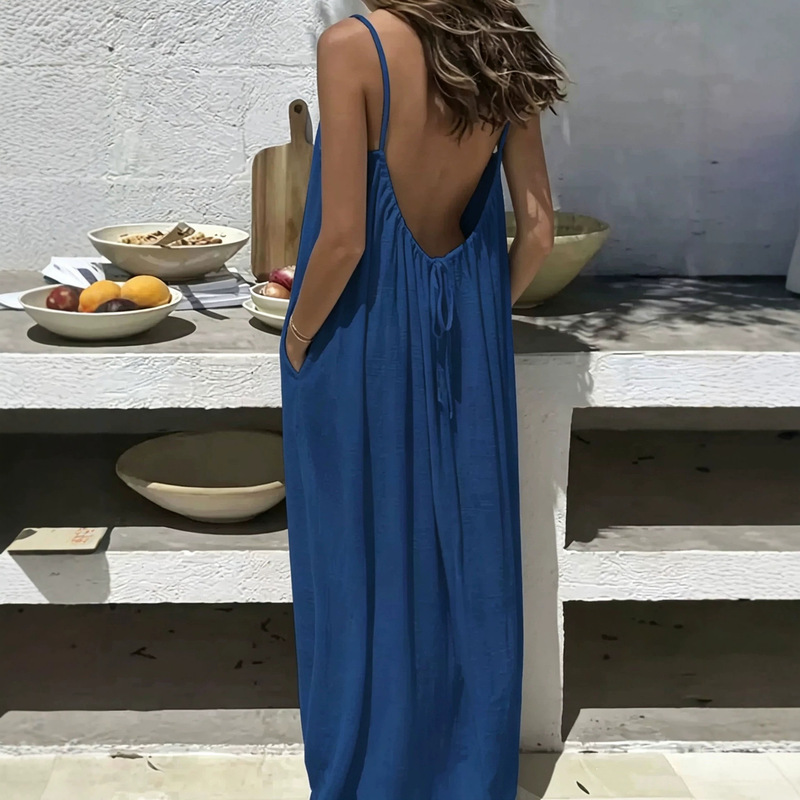 2026 Summer New Style Pocketed Strap Dress for Women, Loose Solid Color Long Dress, Casual Home Vacation Style Beach Dress