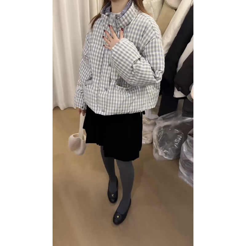 有报告国际50白鸭绒冬款方格纹拼接立领面包服羽绒服加厚保暖外套