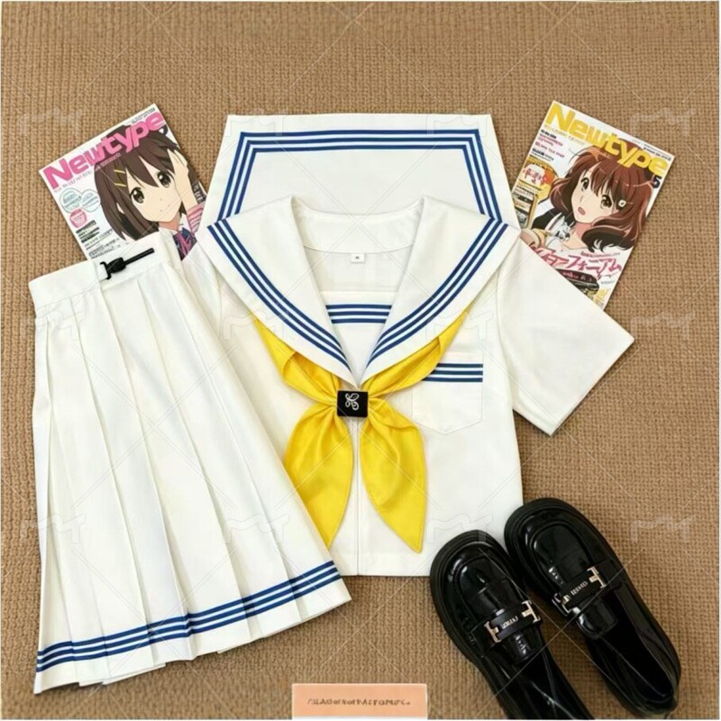 Authentic Japanese-Style Three-Piece Sailor Uniform Jk Uniform Set with Navy Collar, Academy Style, Short-Sleeve, Long-Sleeve, Pleated Skirt Student Outfit