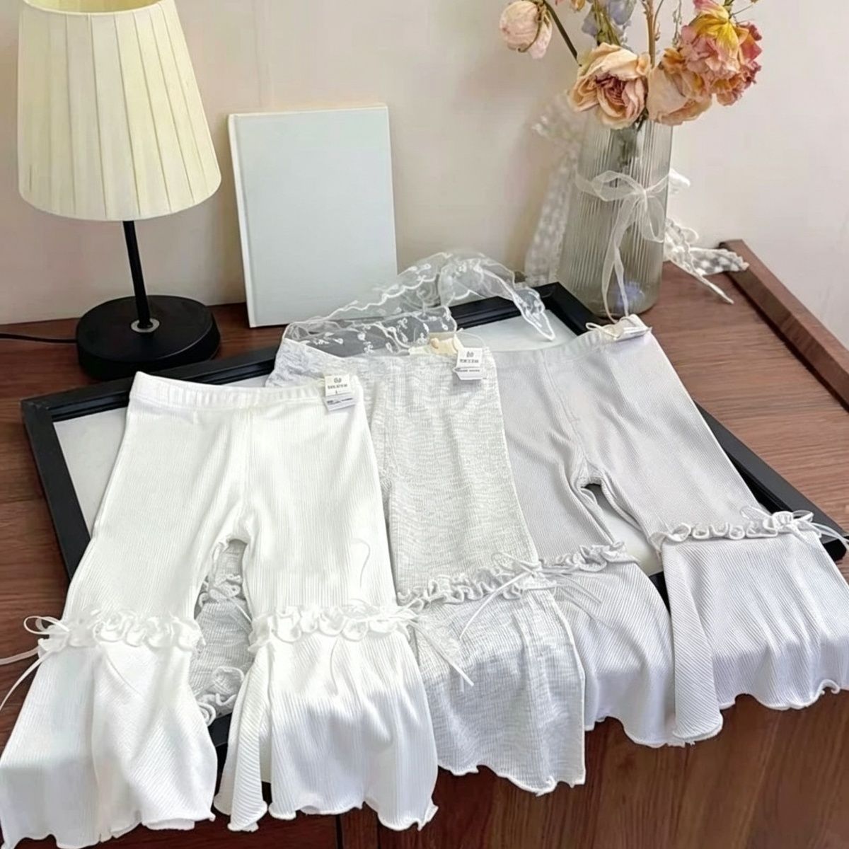 Girls' summer leggings, stylish and trendy Korean style, ruffled trim, bow, flared pants