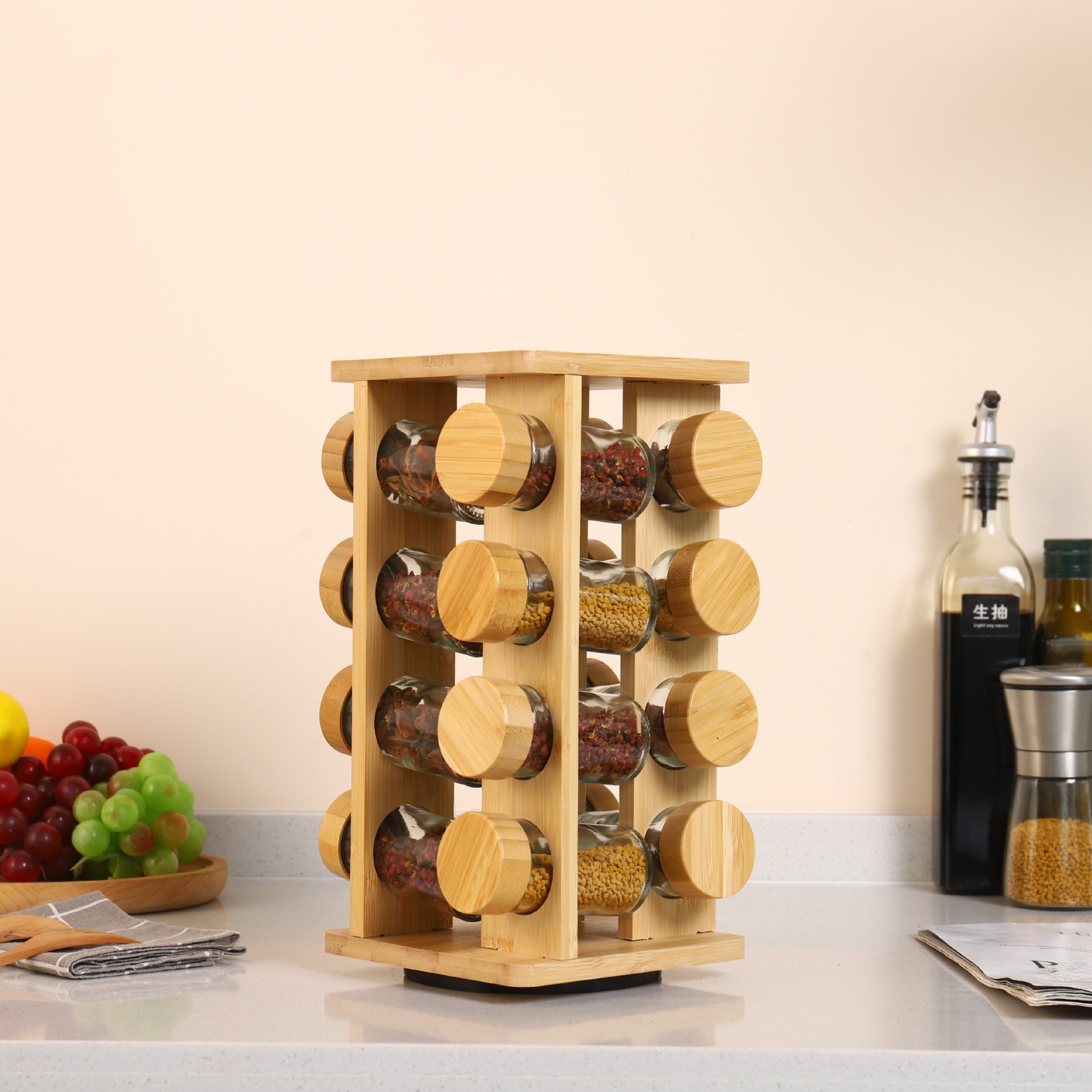 Rack de condimento de madera cuadrada para cocina doméstica condimento giratorio condimento de botella de condimento de gran capacidad multi-especificación