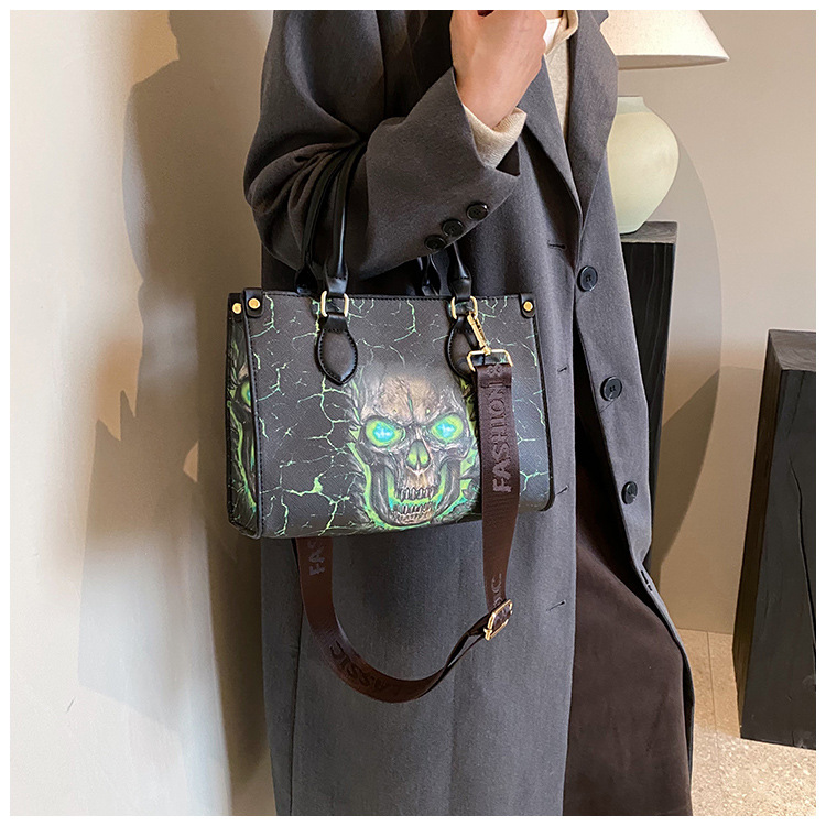 Zipper Closure Type Single Shoulder Strap Strap Type Halloween Women's Large Pu Leather Skull Streetwear Square Zipper Tote Bag