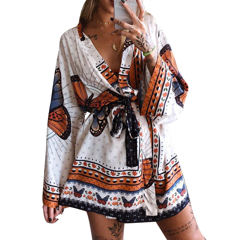 Women Printed Long-Sleeved Waist Women Dress