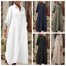 亚马逊欧美新款纯色立领长袖气质优雅简约宽松时尚长款连衣裙