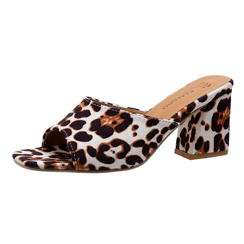 Туфли-тапочки на высоком каблуке женские, леопардовый принт, открытый носок, массивный каблук, размеры 35–43