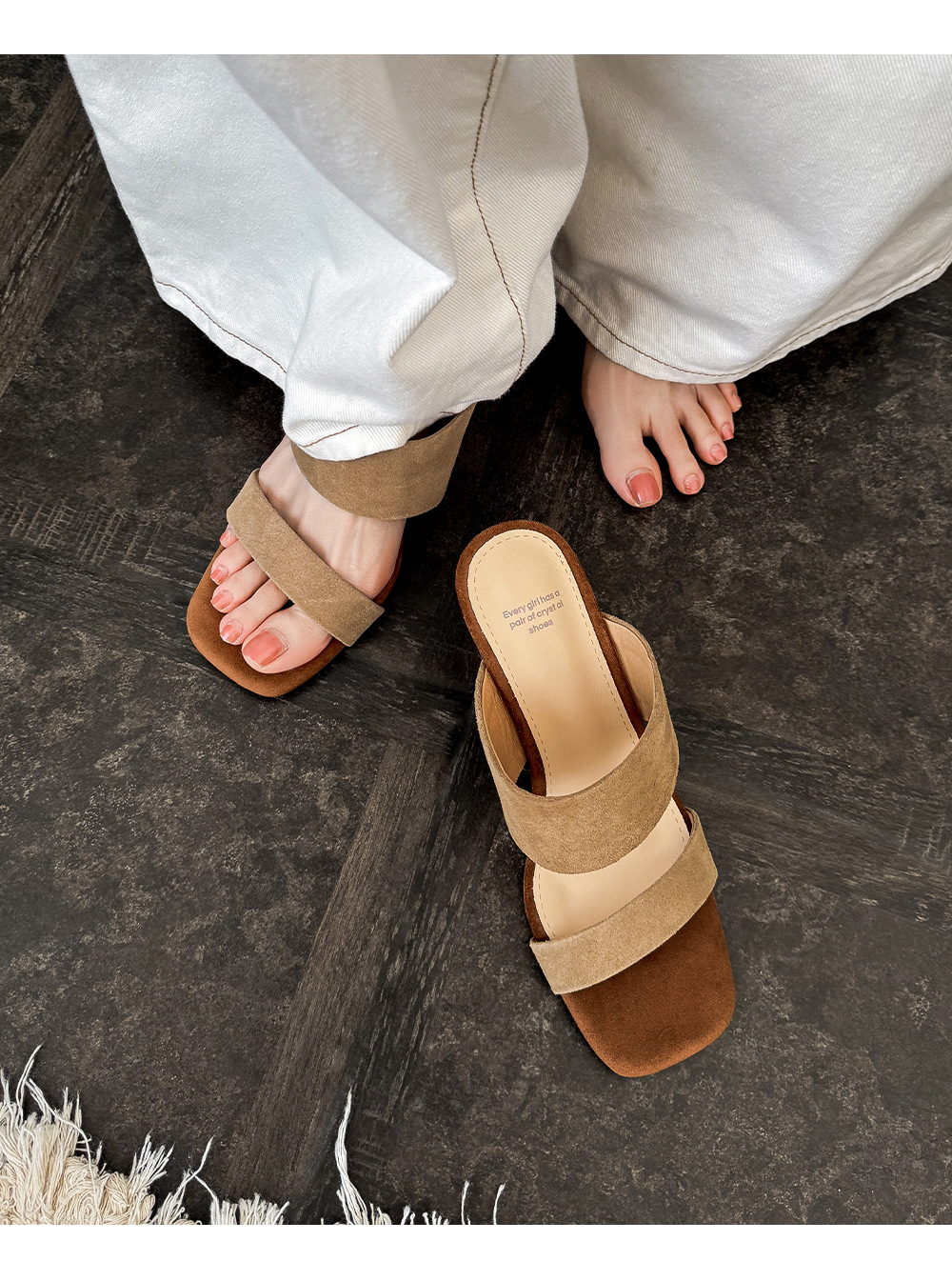 Sandal cao gót nữ quai ngang da bò lật gót 7 cm phong cách nghỉ dưỡng — màu nâu chi tiết 9