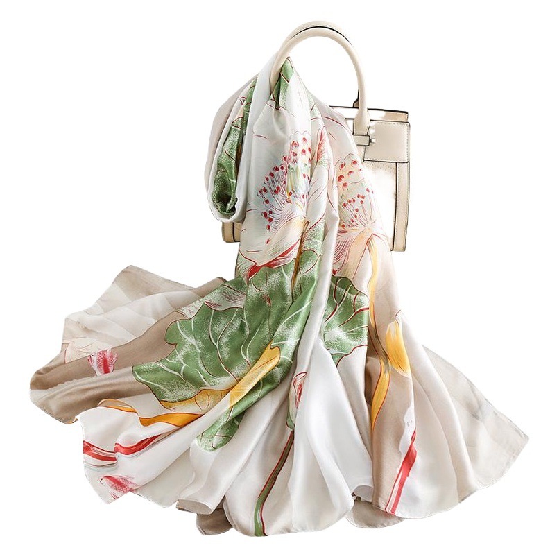 La primavera y el verano nuevo estilo coreano decorativo seda artificial larga bufanda de las mujeres Lotus elegante de gama alta protector solar chal gasa Toalla de playa