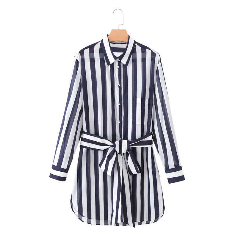Myst&Za Summer European and American Style Simple and Fashionable Slim-Fit Striped Long-Sleeve Shirt with Belt Decoration 6112109 Myst&Za Summer European and American Style Simple and Fashionable Slim-Fit Striped Long-Sleeve Shirt with Belt Decoration 6112109