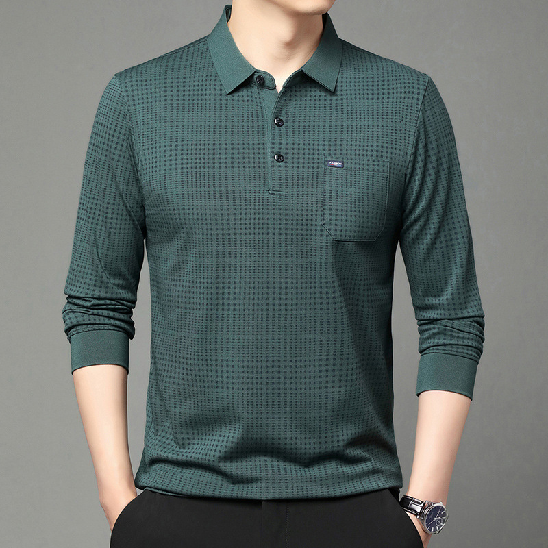 Men's Middle-Aged Cotton Long-Sleeve T-Shirt with Real Pockets, Simple Polo Shirt for Daily Business, Breathable Dad-Style T-Shirt