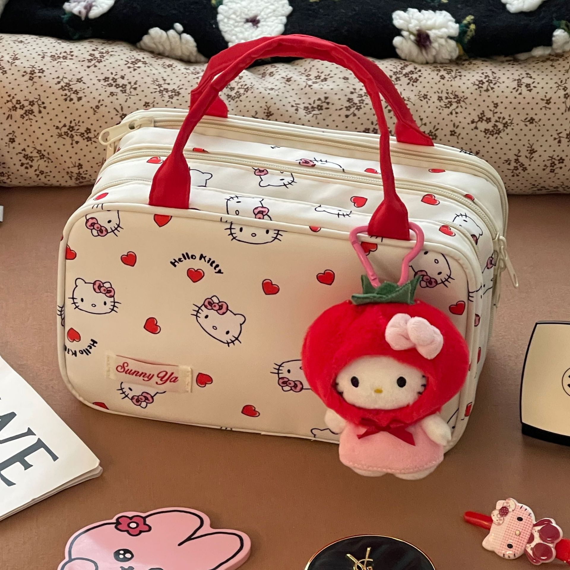 Nuevo lindo gato de tres capas bolsa de maquillaje de gran capacidad portátil almacenamiento de viaje portátil bolsa de lavado de partición portátil