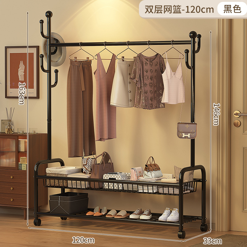 120cm 더블 레이어 메쉬 바스켓 - 클래식 블랙 + 후크 6개 + 금속 범용 휠