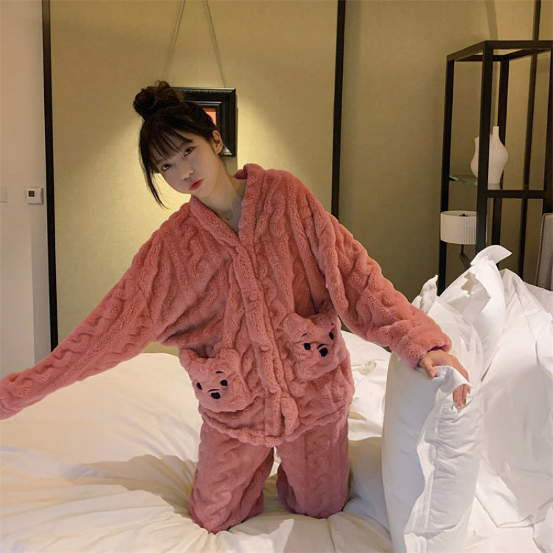 [반 시즌 스트레이트 다운] 산호 양털 파자마 여성은 가을과 겨울 플란넬 봄 홈 의류 세트 착용 가능