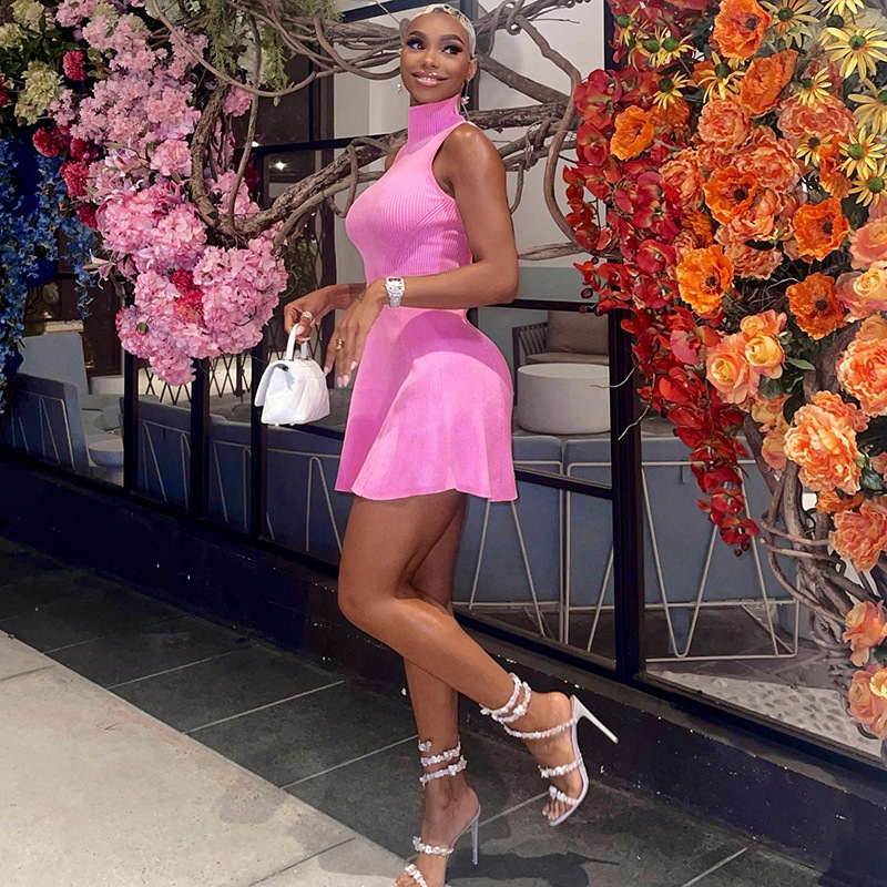 Fashion Solid Color High Neck Sleeveless Patchwork Spandex Polyester Above Knee Princess Dress