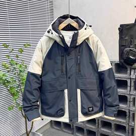 秋冬季撞色连帽二棉外套男休闲拼接轻便棉衣夹克韩版美式薄棉上衣