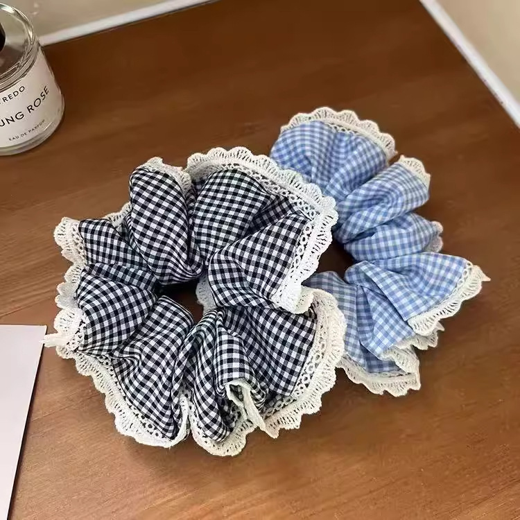 韩版氛围感蕾丝大肠发圈发饰韩系格子发绳芭蕾风马尾头花头绳|undefined