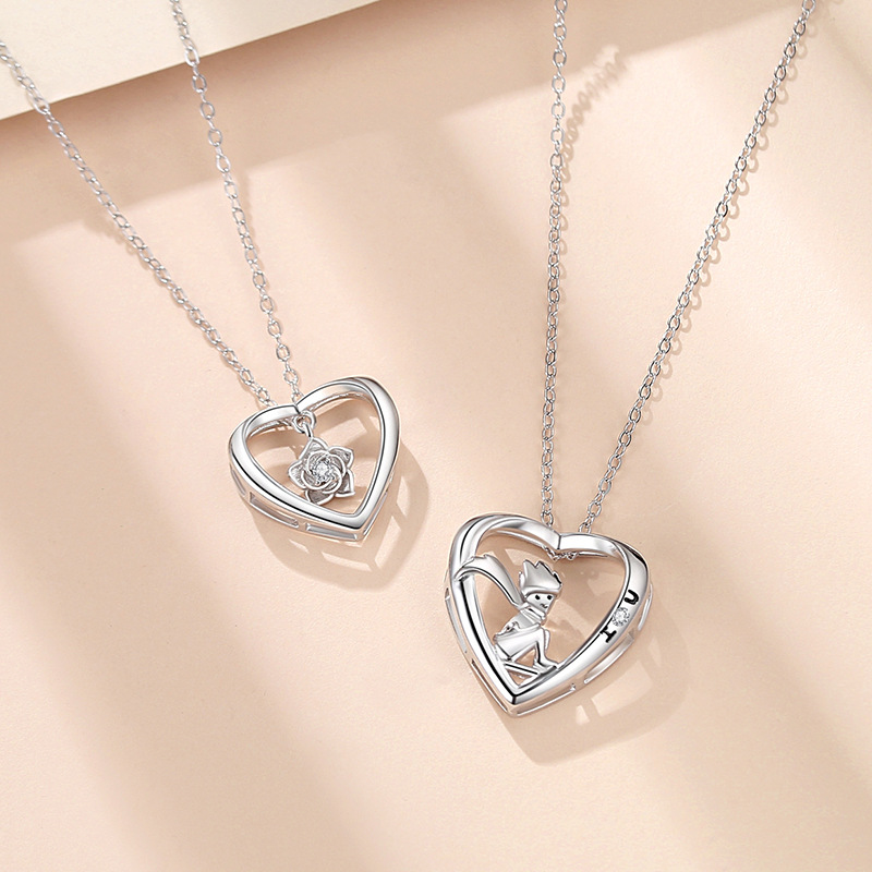 Little Prince & Rose Flower Necklace | 925 Silver Couple Jewelry, Qixi Gift with Heart Flowers