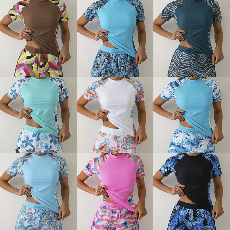 2025 European and American Style Two-Piece Surf Suit Short-Sleeve Conservative Swimwear for Women Cross-Border Amazon Aliexpress Hot Spring Swimwear for Women