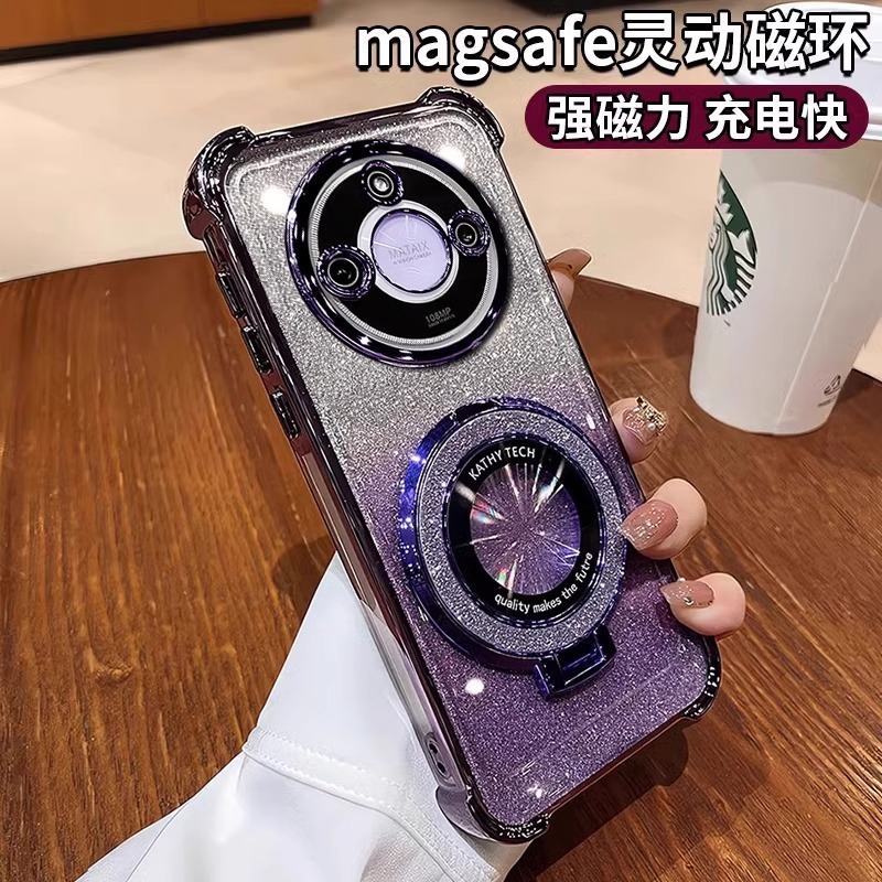 適用栄光9b携帯ケース電気メッキ四角防打ソフトケース栄光x 8aフラッシュパウダー磁気吸引スタンド保護カバー|undefined