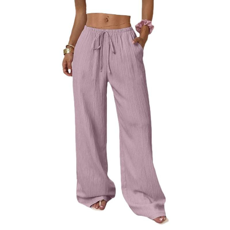 Sommer 2025 – Neue Cross-Border Damen-Freizeithose aus einfarbigem, strukturiertem Stoff mit Knotenbund, schrägen Taschen und weitem Bein_voghion.com