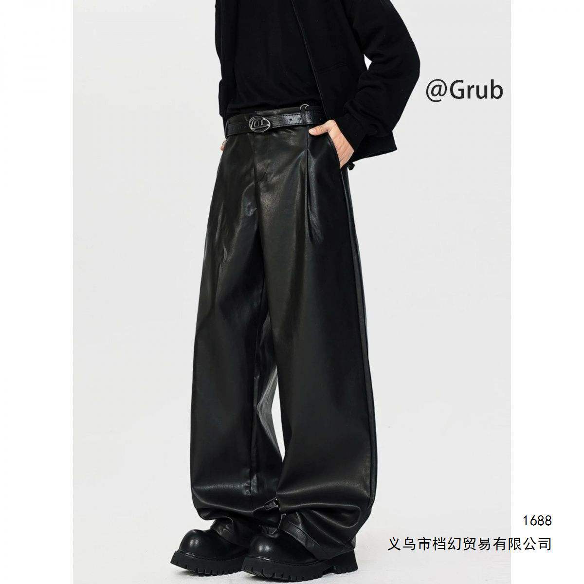 美式高街黑色PU皮裤男女秋季潮牌宽松直筒长裤复古百搭感裤子
