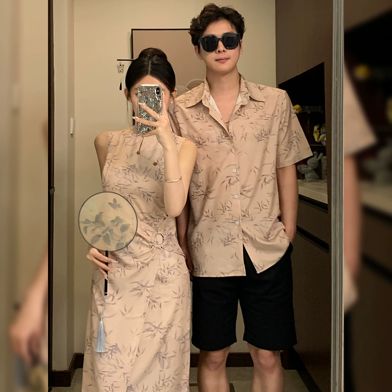 Летняя пара одежда для любимого, CHEONGSAM, рубашка, китайский стиль, с коротким рукавом