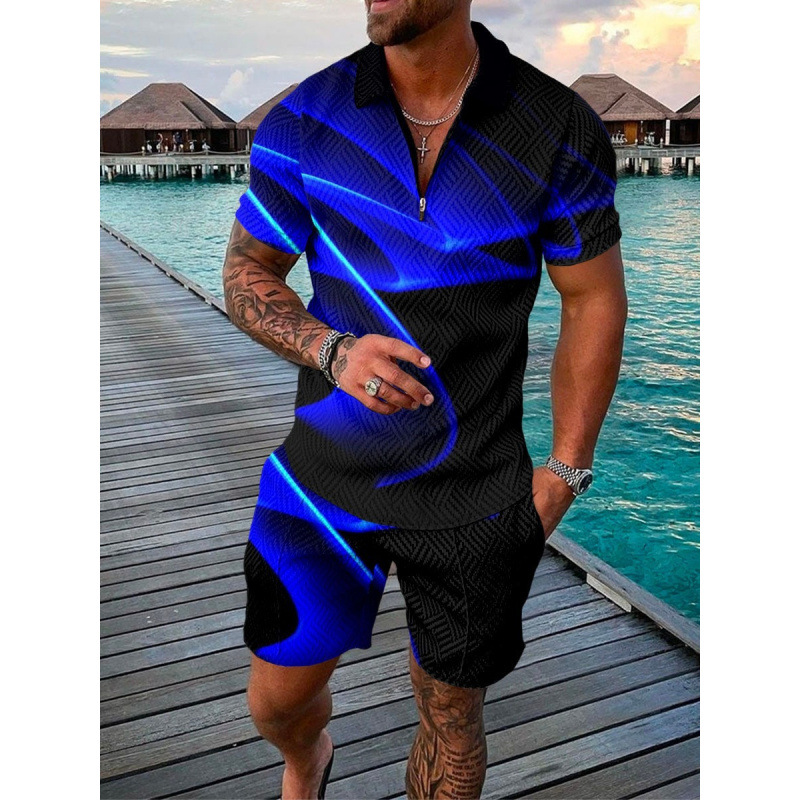 Polo Zipper Shirt Short-Sleeved Suit 2023 Cross-Border European and American Men's New Independent Station Supply Casual Sports Suit