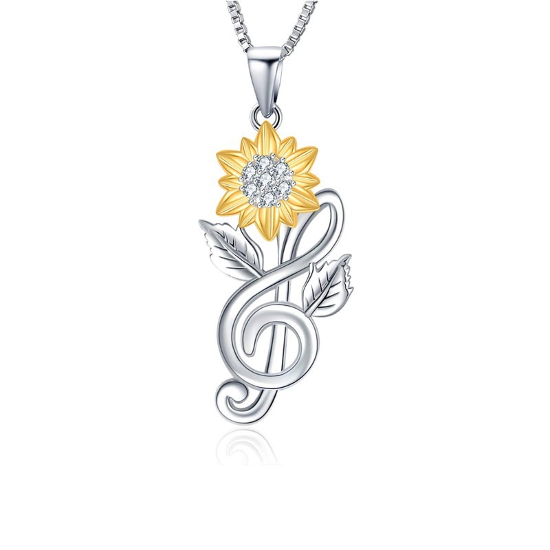 Musical Note Sunflower Diamond Pendant Necklace