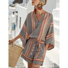 跨境亚马逊欧美2025新款女士条纹腰带连体短裤套装