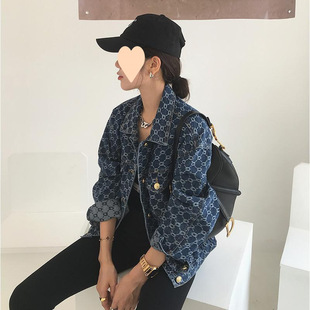 Full Printed Jacquard Long Sleeve Denim Jacket Women's Korean Style Loose 2025 New Early Spring Casual Top Spring and Autumn Denim Clothes