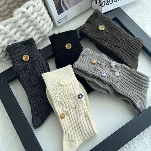 Women's Spring and Summer New Heavy Work Hand-Stitched Button Decorative Hole Socks Beggar Socks Ins Knee-High Socks