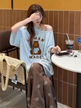OOTD休闲运动服套装女夏时尚韩系薄款松弛感斜肩短袖拖地裤两件套