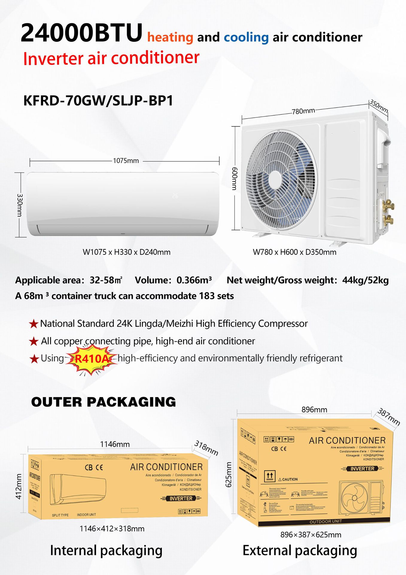 3 HP cooling and heating 24000BTUinverter frequency conversion