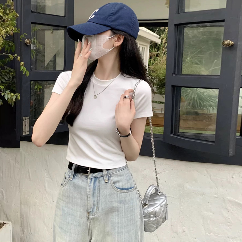 纯棉t恤女夏季短款短袖高腰辣妹修身显瘦纯色正肩短袖上衣打底衫|undefined