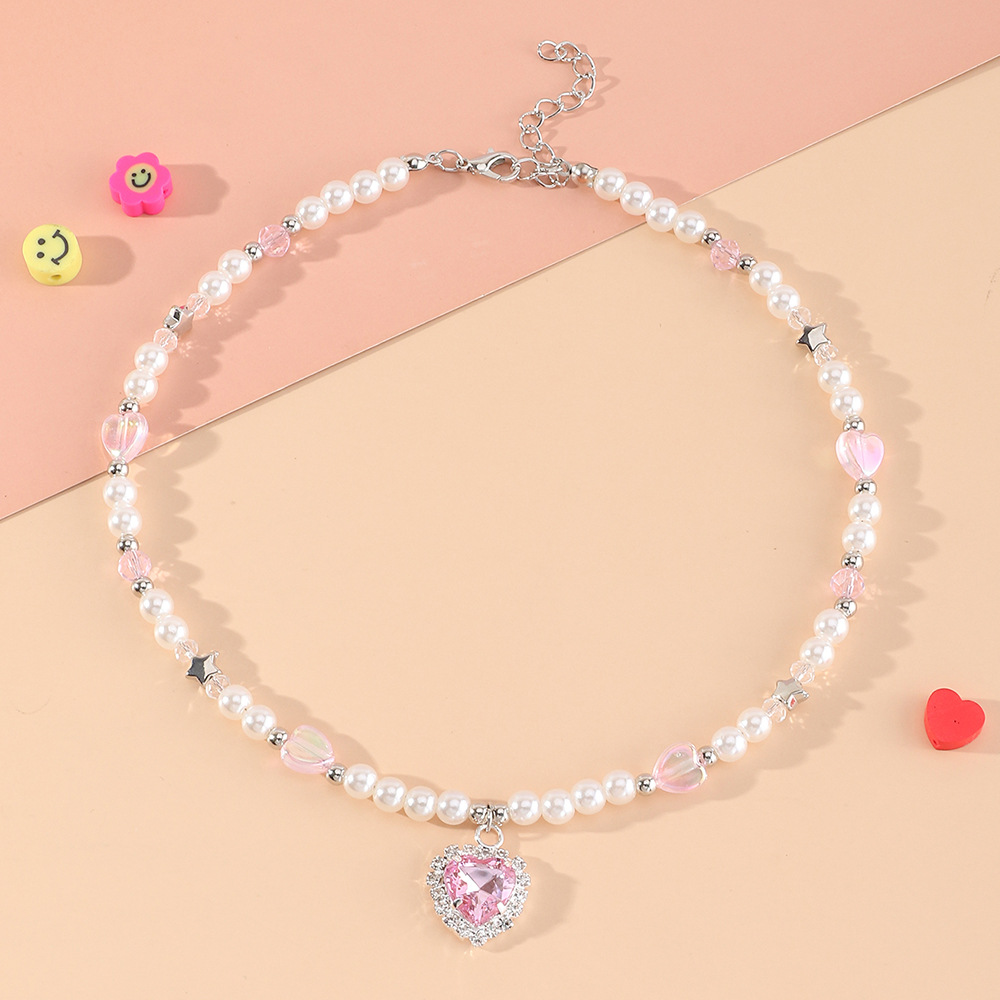 Fashion Pink Diamond Heart Pendant Star Pearl Beaded Clavicle Chain Necklace