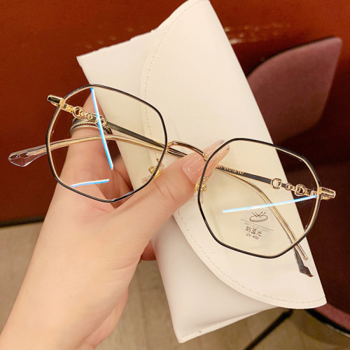 Anti-blue light women's plain glasses, eye protection gold wire eyeglass frames, face-slimming polygonal glasses for internet celebrities