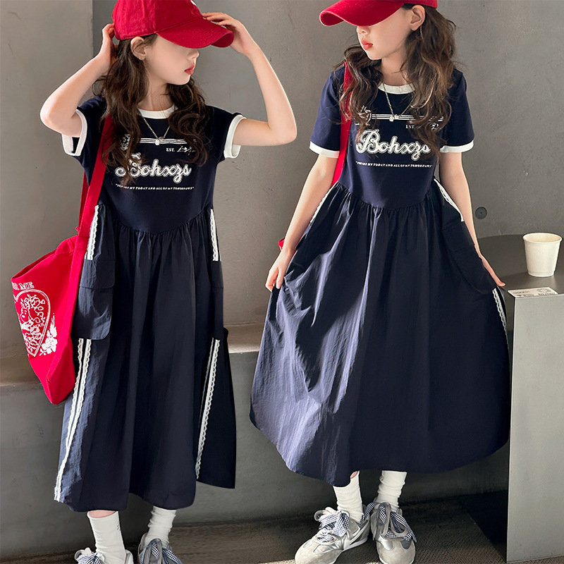 Girls' Summer Letter Print Dress 2026 New Style for Older Children, Princess Dress, Thin Navy Blue Long Dress, Export