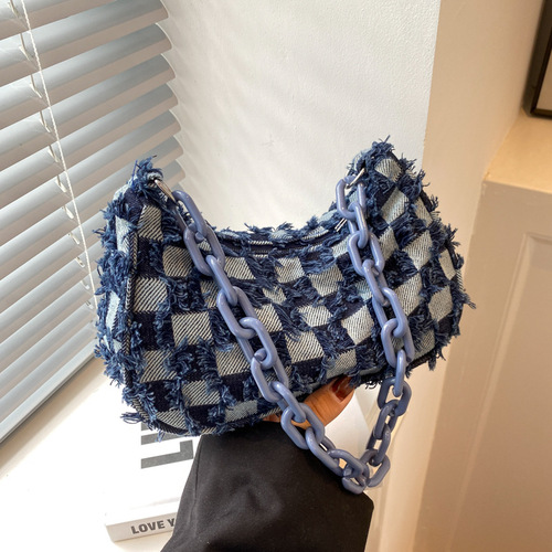 Retro messenger bag for women ins Japanese and Korean fashion simple denim canvas bag checkerboard chain portable shoulder bag trendy