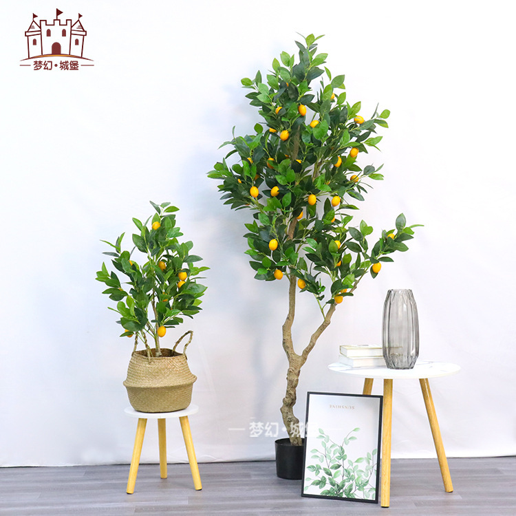 Simulación de ramas de limón verde, árboles de limón amarillo que caen en el suelo, ramas largas y hojas verdes plantando árboles falsos, decoración de sala de estar modelo