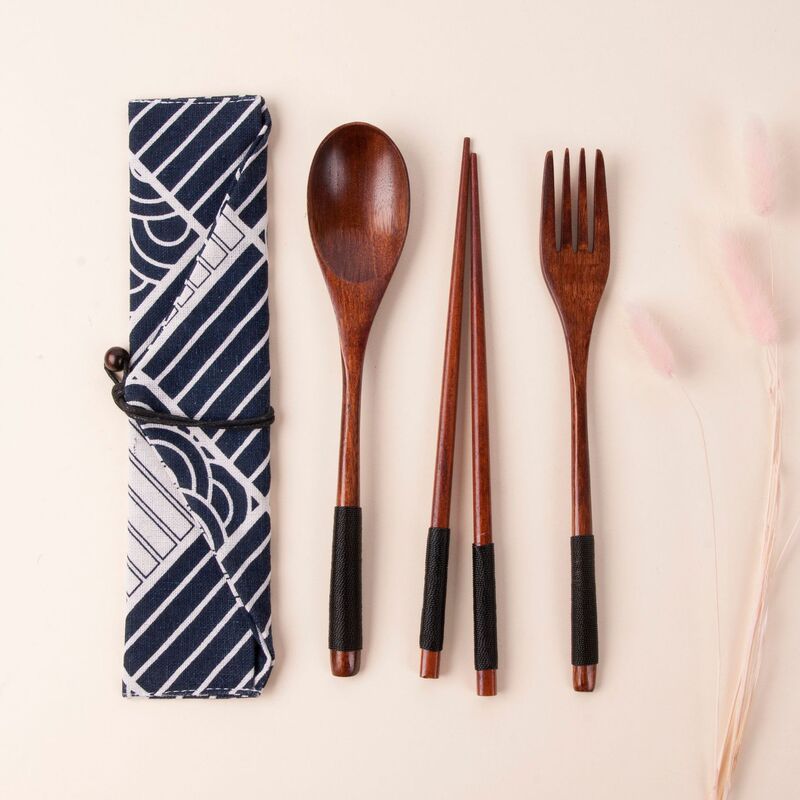 Japanese Style Long Handle Winding Spoon Fork Chopsticks Three-piece Set Wooden Outdoor Korean Style Portable Tableware Chopsticks Spoon Set