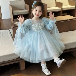 女童艾莎公主裙春装2026女宝蓬蓬纱裙带披肩冰雪奇缘连衣裙蓝色