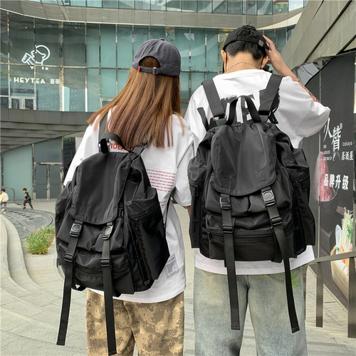  new ins street work wear functional dark drawstring backpack student large capacity school bag for men and women