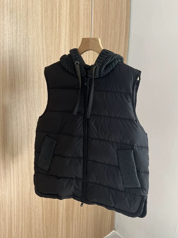 韩版羽绒服马甲女连帽针织拼接洋气时尚休闲坎肩白鸭绒无袖外套|undefined