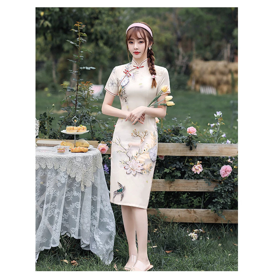 Clearance of Discontinued Sizes: Four-Way Stretch, Patterned, Single-Layer, Everyday Qipao, Improved Retro Slim-Fit Chinese Style Dress for Girls