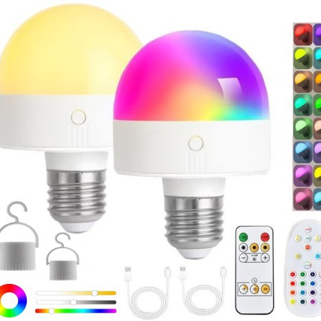跨境亚马逊壁灯光源免布线RGB球泡遥控充电式应急灯泡E26螺口高亮
